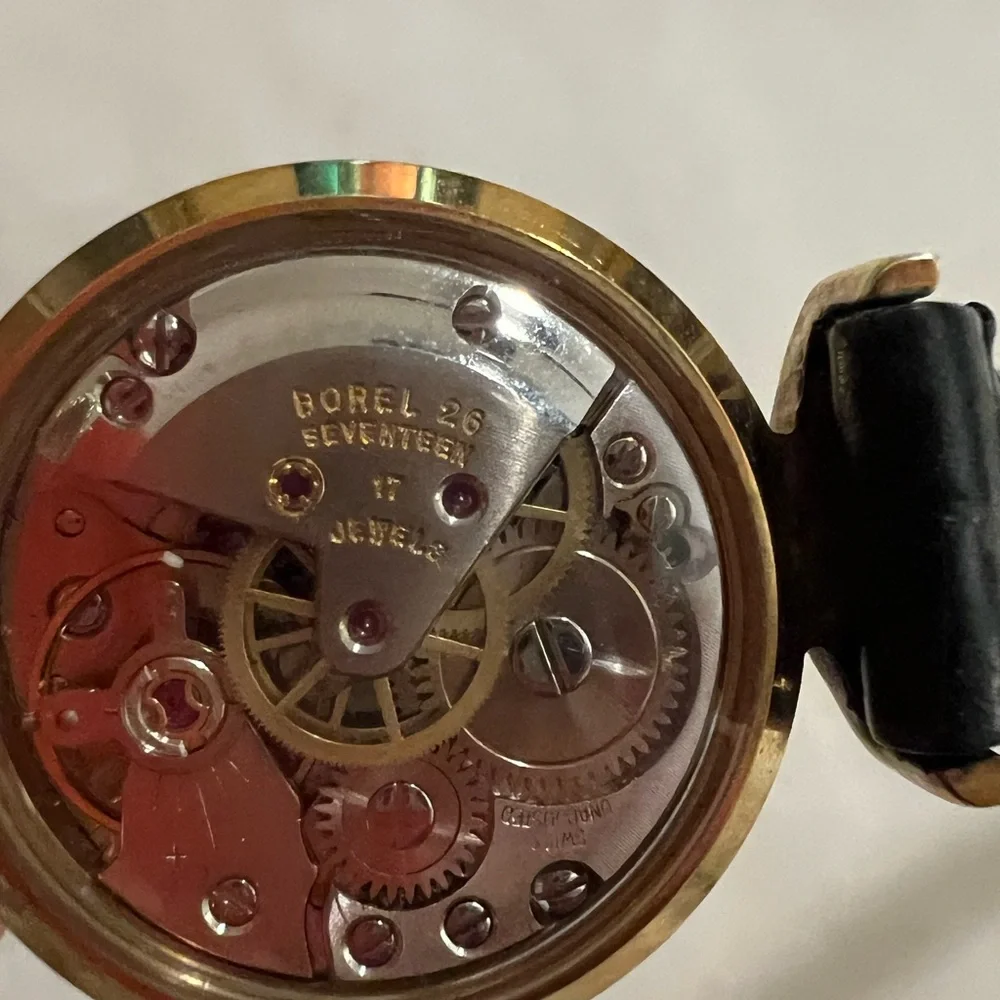 🩷 Ernest Borel 26 Gold-Plated 17🩷 Jewel Kaleidoscope Watch w/ Black Leather Band